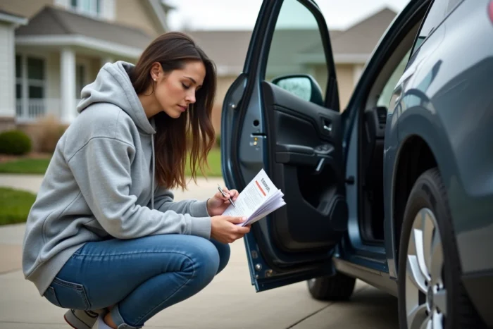 Femme consultant le manuel du propriétaire pour localiser le fusible du verrouillage centralisé sur sa voiture