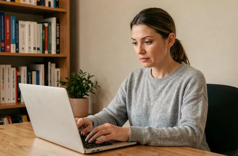 Femme consultant des ressources de santé en ligne sur son ordinateur portable dans un bureau à domicile