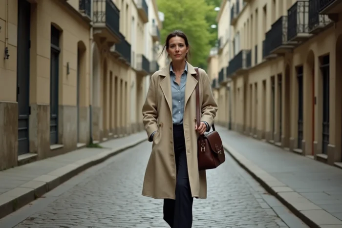 Femme marchant seule dans une rue pavée d'une ville européenne avec architecture haussmannienne