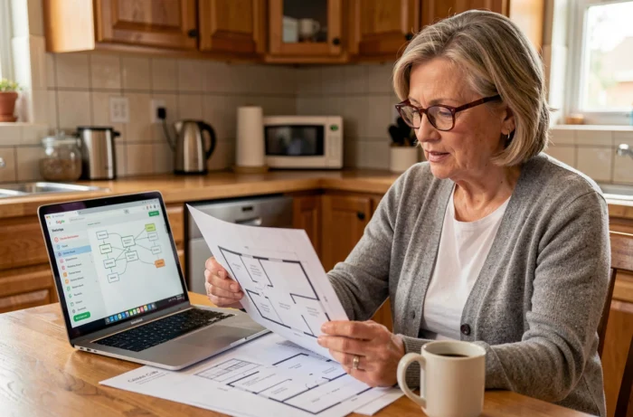 Femme senior comparant un plan de résidence imprimé avec un plan de site web sur son ordinateur portable en cuisine