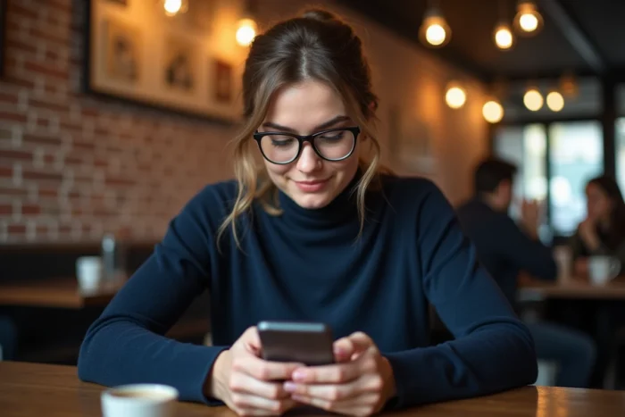 Jeune femme consultant son smartphone dans un café pour trouver une nouvelle adresse de site de streaming