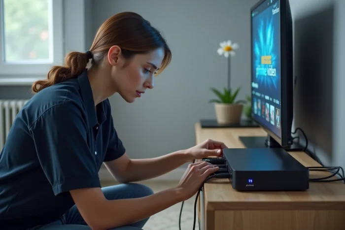 Femme vérifiant les câbles de sa Freebox sous une télévision affichant Prime Video en panne