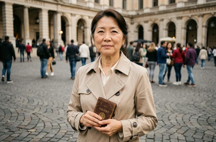 Femme voyageuse asiatique sur une place européenne tenant son passeport