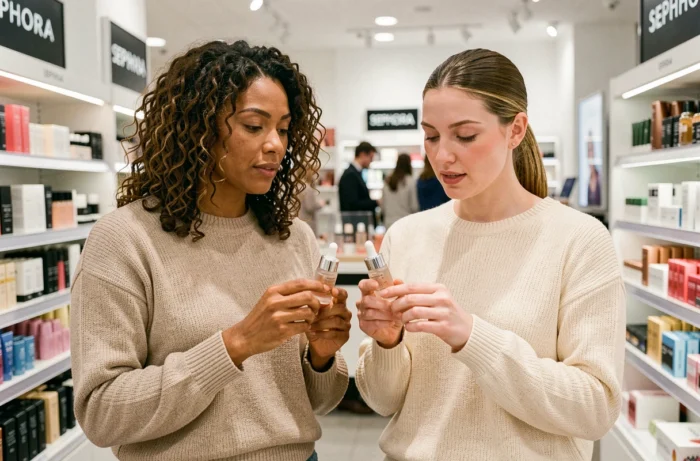 Deux femmes comparant des sérums en magasin Sephora, à la recherche d'alternatives naturelles à la marque Typology