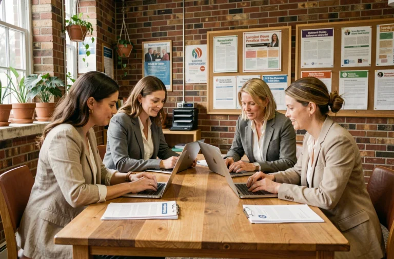 Groupe de femmes collaborant autour d'une table dans un centre communautaire, consultant des ressources et des documents lors d'une initiative collective