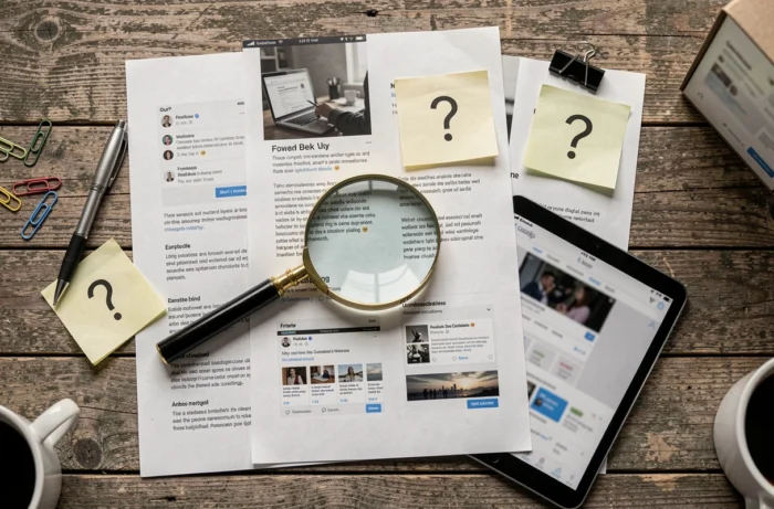 Flat-lay de documents d'enquête sur une plateforme numérique inconnue posés sur un bureau en bois