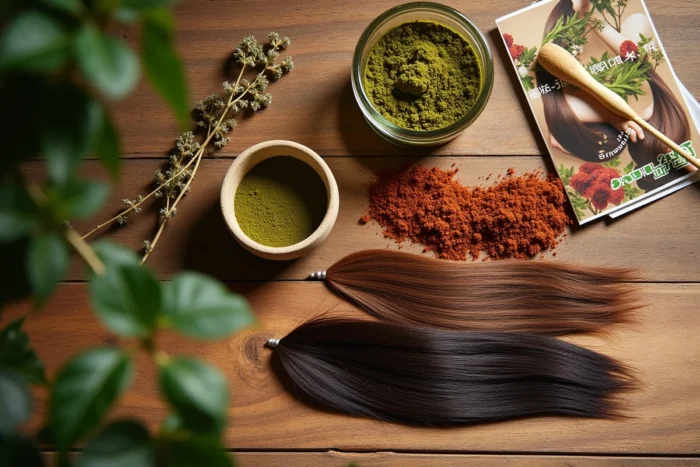 Mise en scène flat-lay du henné naturel avec poudre, pâte et mèches de cheveux bruns avant et après traitement