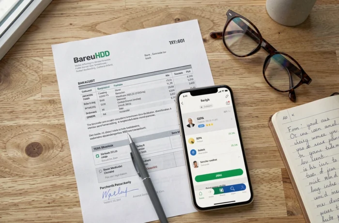 Vue aérienne d'un relevé bancaire papier et smartphone montrant un prélèvement SEPA sur un bureau en bois