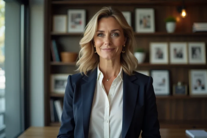 Portrait professionnel d'une femme journaliste expérimentée dans la cinquantaine dans un bureau éditorial moderne