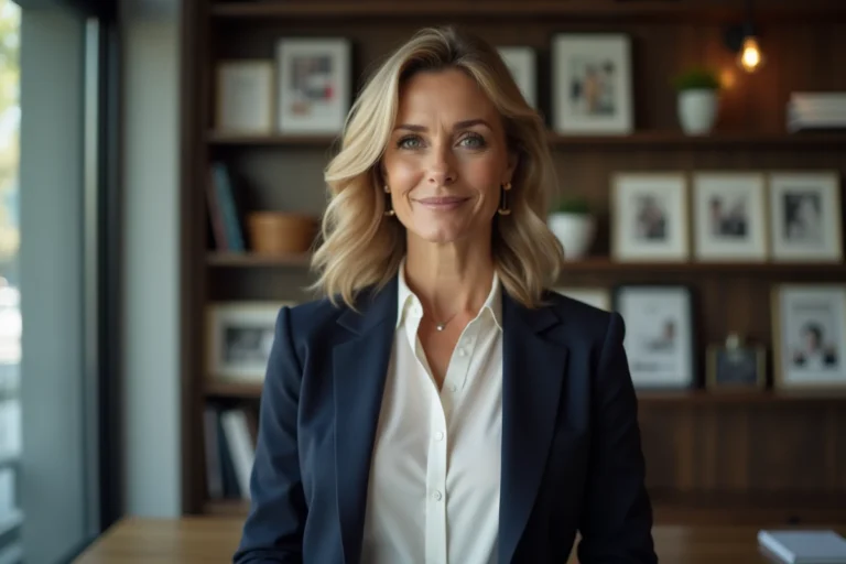 Portrait professionnel d'une femme journaliste expérimentée dans la cinquantaine dans un bureau éditorial moderne