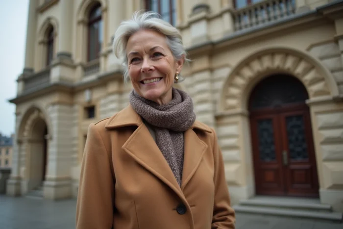 Florence Kieffer devant un bâtiment médiatique historique français symbolisant son long parcours dans le journalisme