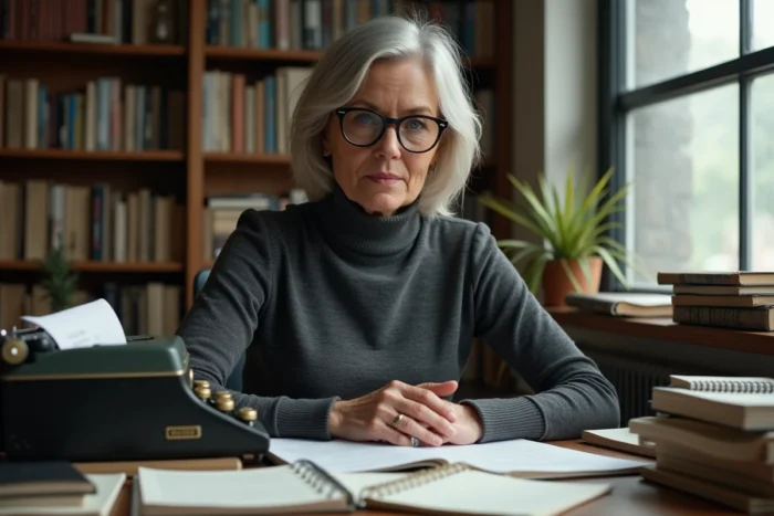 Femme journaliste expérimentée assise à son bureau entouré de documents et carnets de notes illustrant son parcours