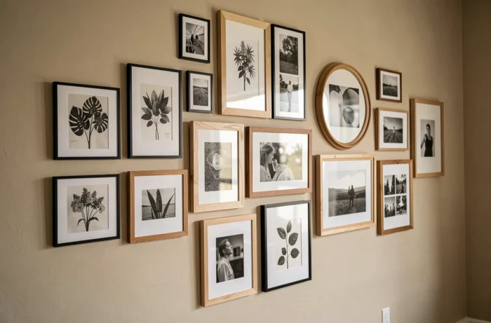 Mur de salon décoré d'une galerie de cadres variés en bois et métal, présentant tirages botaniques, art abstrait et photos en noir et blanc.