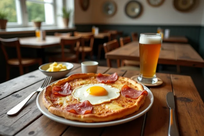 Table bretonne avec une galette complète au jambon et œuf, bolée de cidre et beurre salé dans une crêperie authentique du Morbihan
