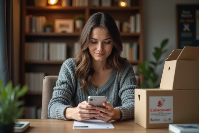 Femme consultant la garantie d'un produit acheté sur Cdiscount depuis son bureau à domicile