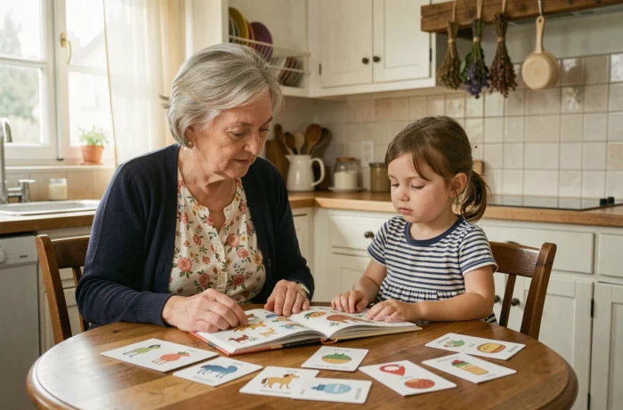 Grand-mère et petite-fille explorant ensemble un livre illustré et des cartes de catégories autour d'une table de cuisine traditionnelle française, soutenant le développement cognitif de l'enfant