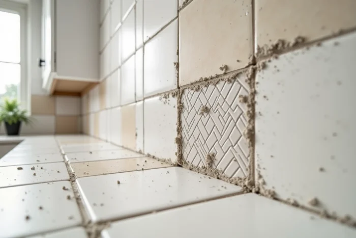 Gros plan sur la pose de carrelage sur toile de verre avec joint de colle visible et écarteur de carrelage