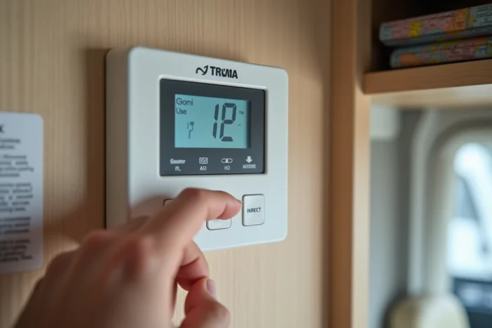 Gros plan sur l'écran du panneau Truma Combi iNet affichant un code erreur dans un camping-car