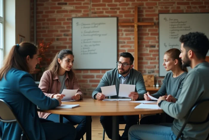 Groupe de chrétiens adultes en discussion spirituelle dans une salle d'étude biblique
