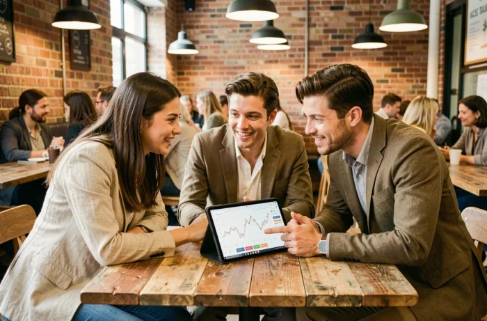 Groupe de jeunes professionnels discutant des tendances business du moment dans un café urbain