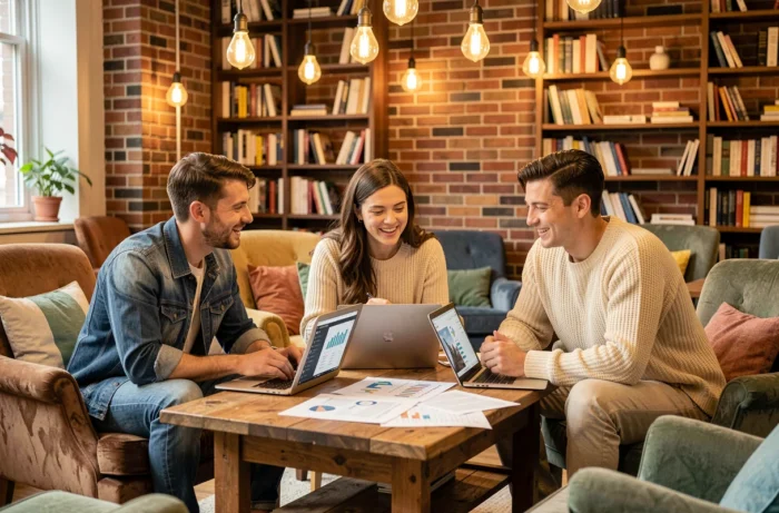 Groupe de jeunes professionnels discutant des dernières tendances et actualités du web dans un espace de coworking