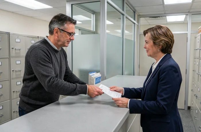 Homme déposant un formulaire à un guichet administratif pour vérifier l'adresse officielle d'une société