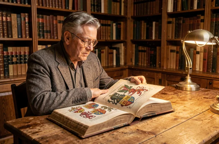 Historien examinant un livre d'héraldique illustrant le blason historique de Lille dans une bibliothèque d'archives