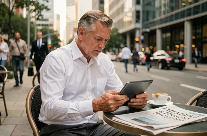 Homme d'affaires consultant des données financières sur une tablette en terrasse dans un quartier d'affaires urbain