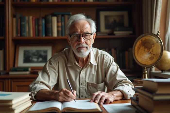 Homme âgé aux lunettes cerclées d'argent écrivant dans un bureau à domicile entouré de livres médicaux et de journaux, expression concentrée et sereine