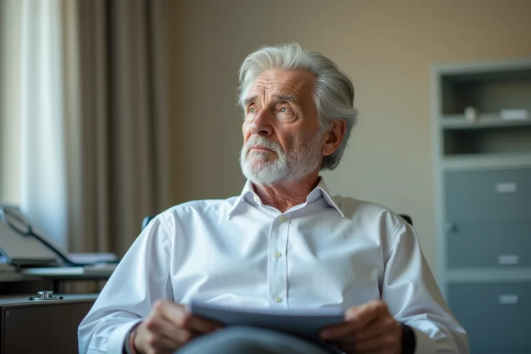 Homme âgé aux cheveux argentés assis dans une salle de consultation médicale moderne, tenant un dossier médical avec une expression sereine et résiliente
