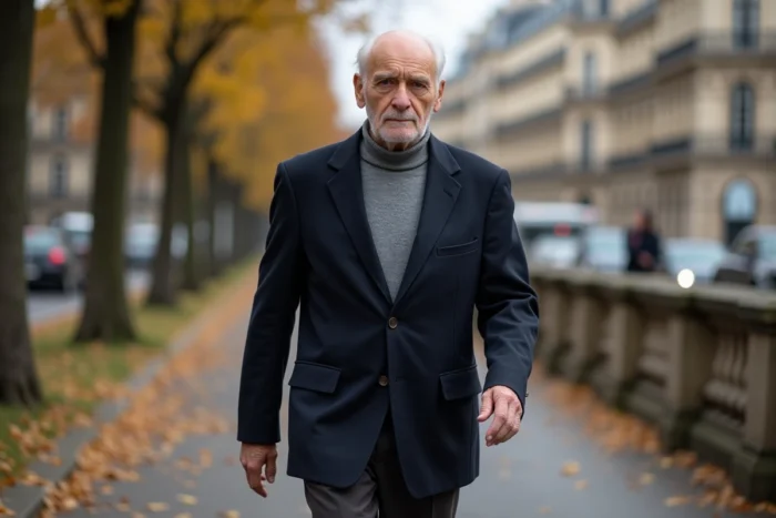 Homme âgé en blazer marine marchant sur un boulevard parisien en automne, entouré de feuilles dorées et d'architecture haussmannienne