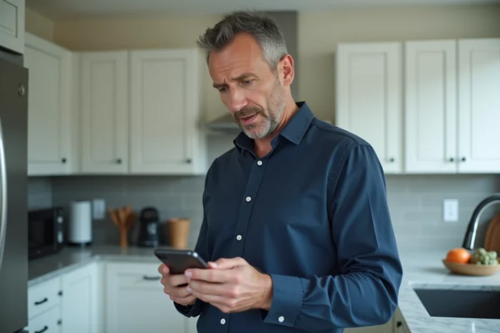 Homme consultant un annuaire téléphonique inversé gratuit sur smartphone dans une cuisine moderne