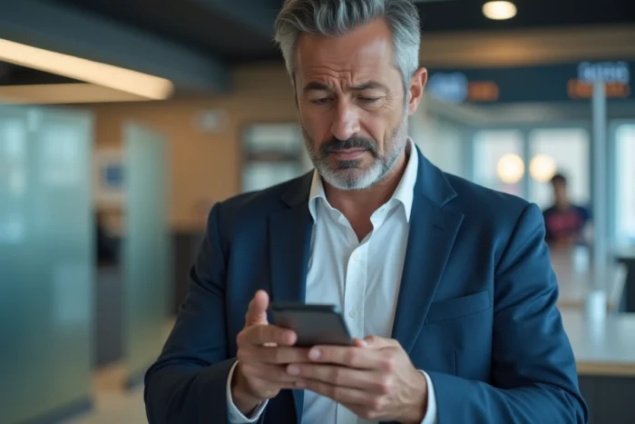 Homme consultant une erreur sur l'application bancaire Caisse d'Épargne dans une agence