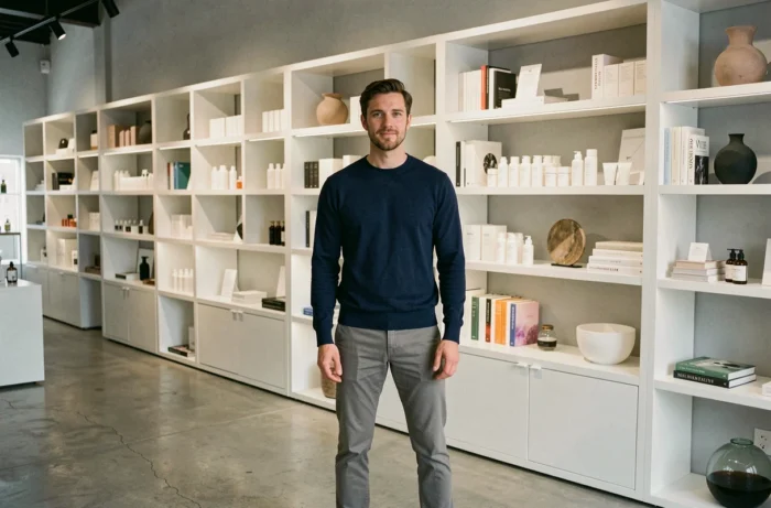 Homme découvrant les tendances lifestyle dans un concept store minimaliste avec produits design et soins