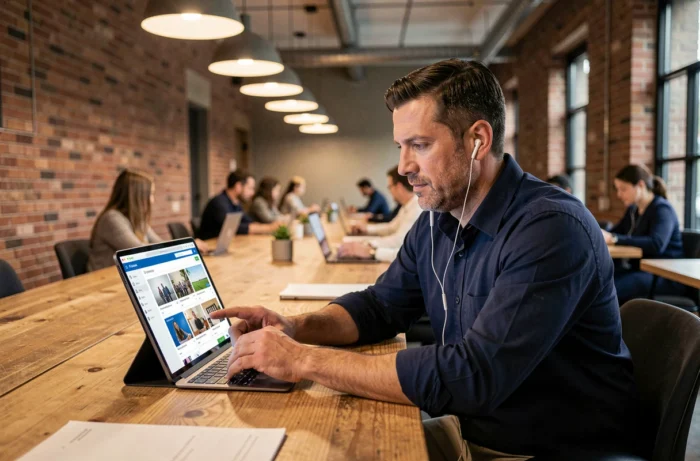Homme professionnel consultant une plateforme de formation en ligne sur une tablette dans un espace de coworking moderne pour développer ses compétences