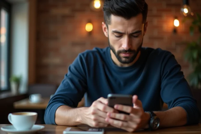 Homme remplissant un formulaire de contact sur smartphone dans un café urbain
