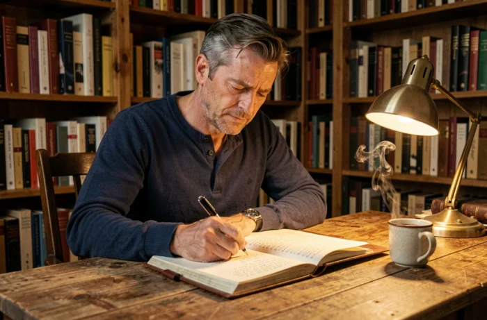 Homme adulte écrivant dans un journal de rêves en cuir à son bureau en bois, entouré de livres, atmosphère chaleureuse et studieuse