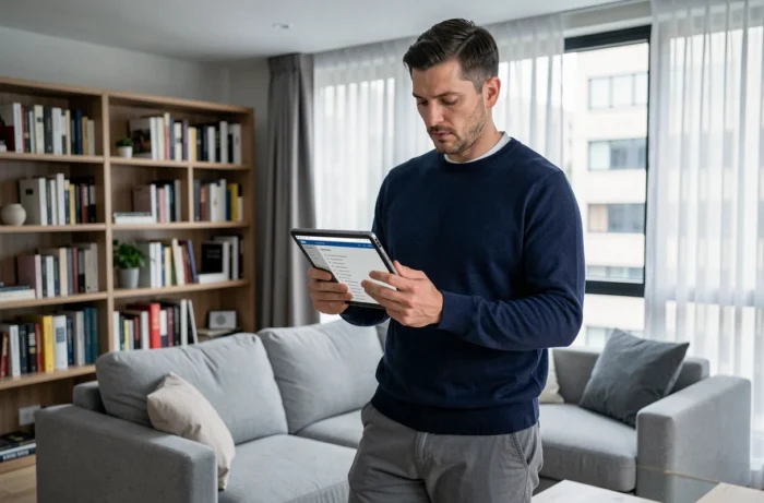 Homme naviguant sur le plan du site d'un site web depuis une tablette dans un salon moderne