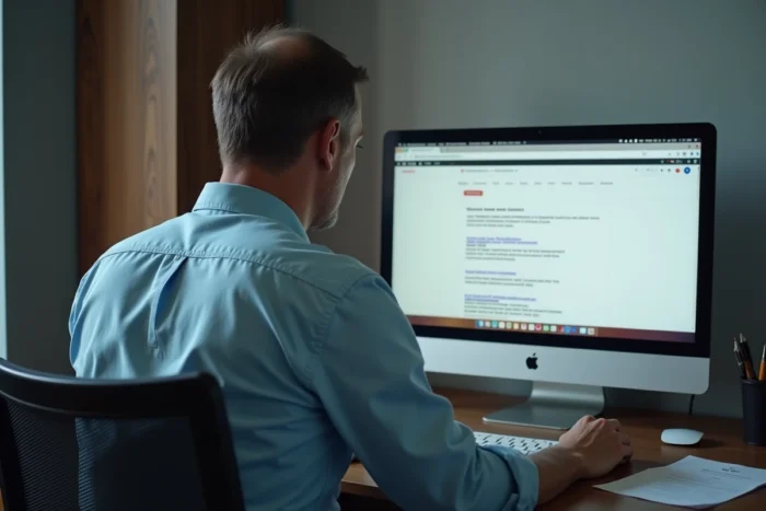 Homme adulte devant un écran d'ordinateur affichant une erreur de site bloqué en cherchant une adresse alternative