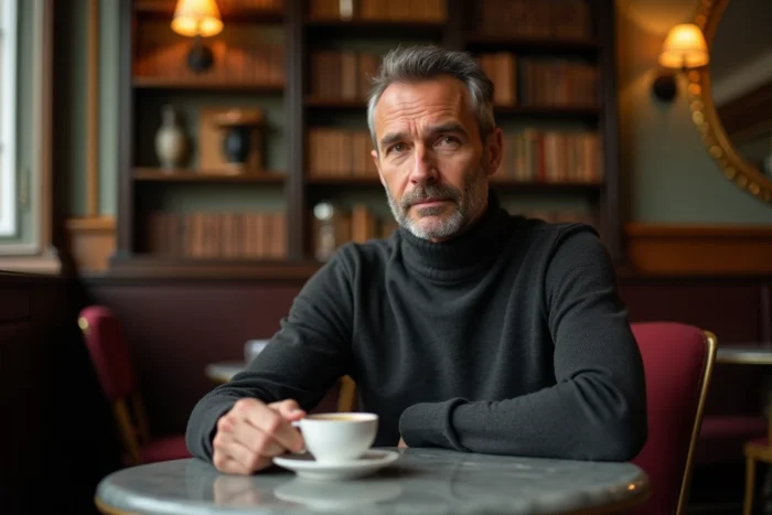 Homme discret et pensif attablé dans une brasserie parisienne classique, évoquant une vie sentimentale préservée