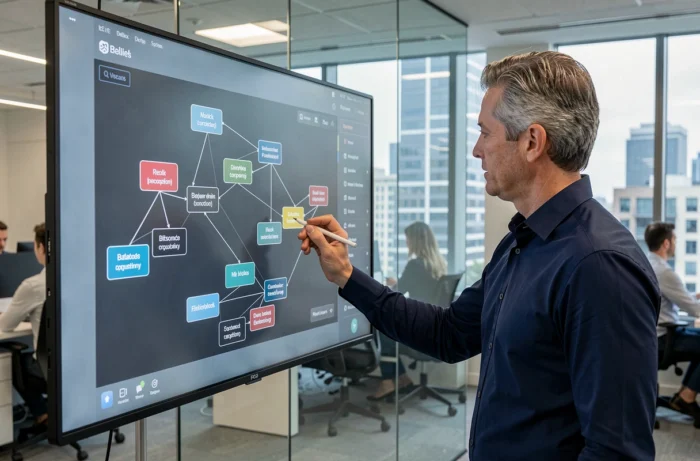 Homme naviguant sur un plan de site interactif sur un grand écran tactile en open space