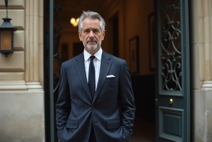 Portrait discret d'un homme politique élégant devant un immeuble parisien, illustrant une vie amoureuse secrète