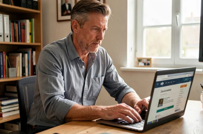 Homme en recherche d'emploi sur internet depuis son domicile, utilisant les services en ligne de Pôle emploi