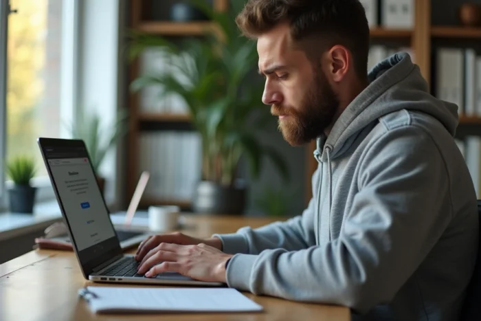 Homme cherchant l'adresse alternative d'un site de streaming bloqué sur son ordinateur portable à la maison