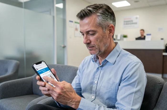 Homme consultant un site de santé sur smartphone dans une salle d'attente médicale moderne