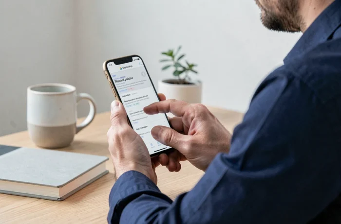 Homme sélectionnant du texte sur iPhone pour souligner un mot dans un SMS