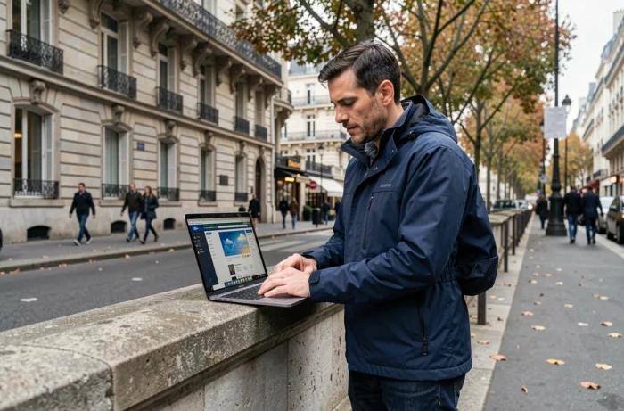 Homme vérifiant un site météo fiable sur un ordinateur portable dans une rue parisienne aux façades haussmanniennes en automne