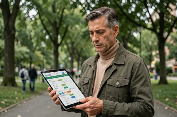 Homme consultant un plan de site de ressources écologiques sur une tablette dans un parc urbain verdoyant
