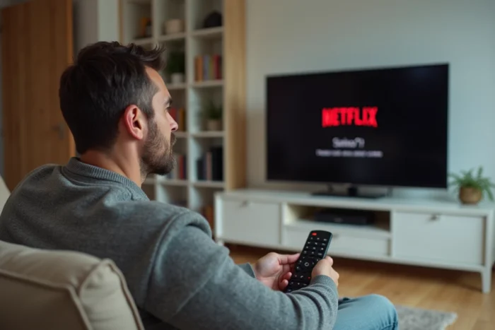 Homme frustré tenant une télécommande Free face à un écran Netflix affichant une erreur dans un salon moderne