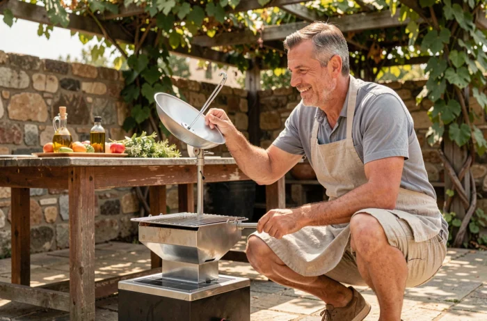 Homme ajustant un tourne-broche solaire sur une terrasse en pierre lors d'un barbecue écologique estival